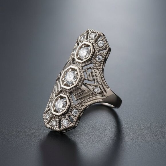 Vintage European Cut Art Deco Antique Silver Ring - Picture 4 of 9